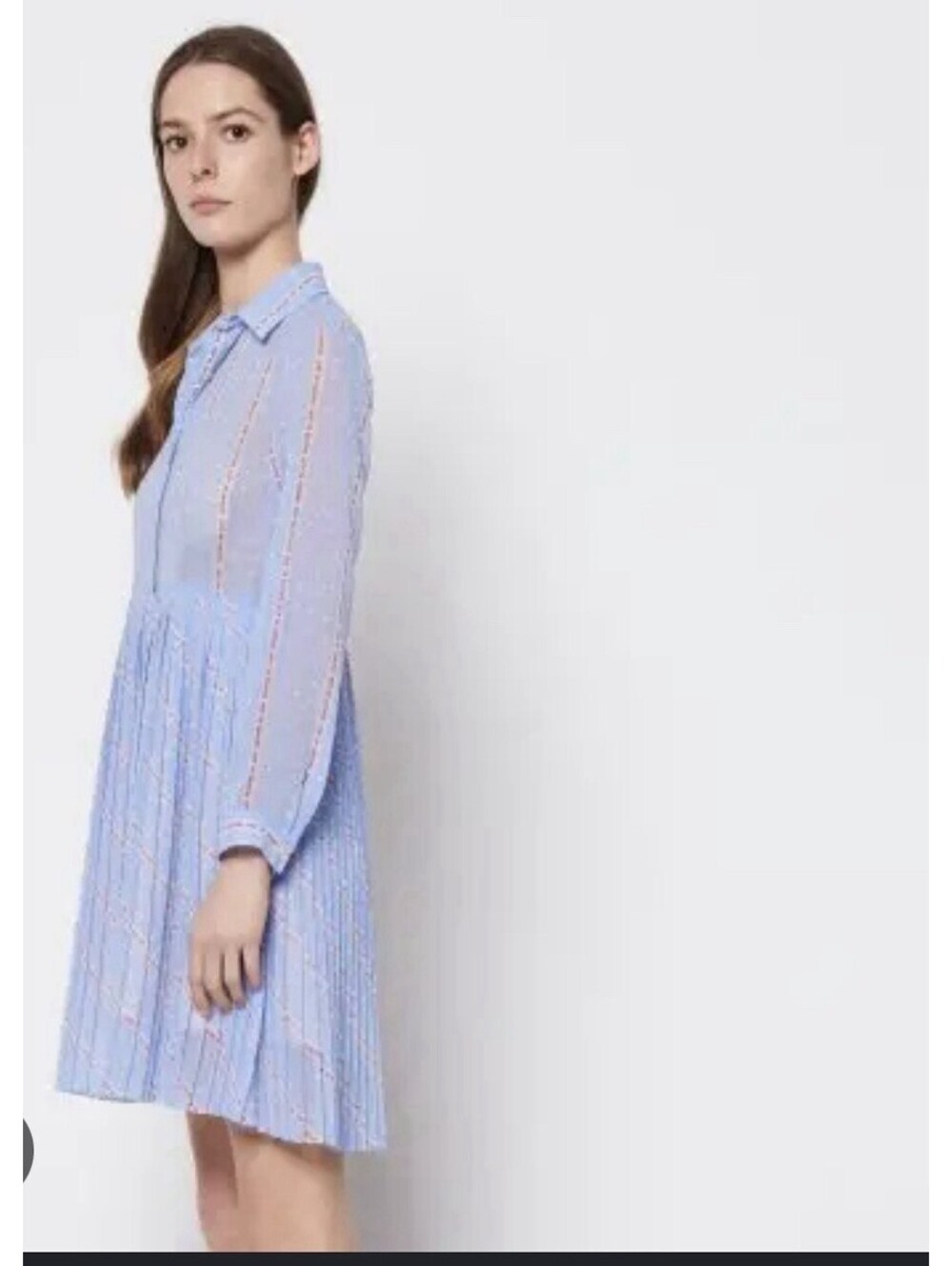 Sandro Paris “Keep On Dancing” Blue Long Sleeve Pleated Shirt Dress Sz 40